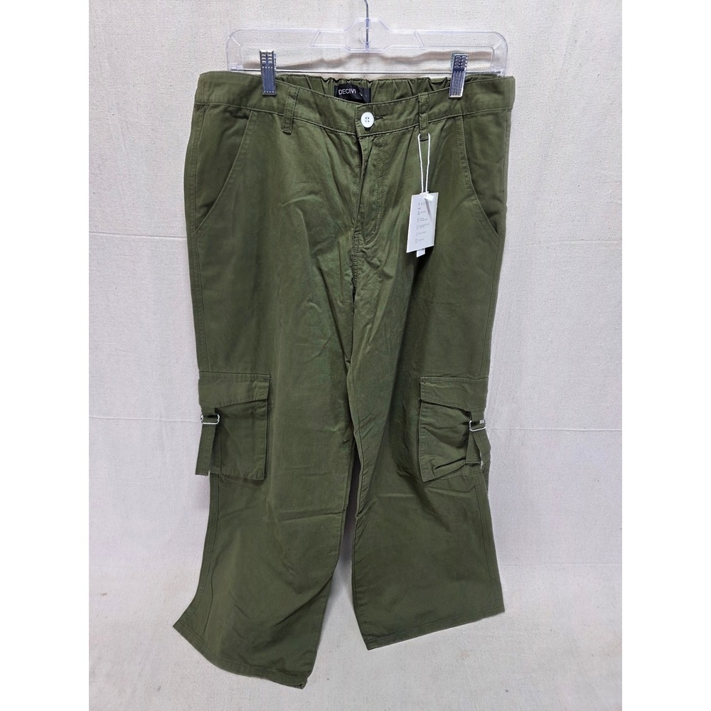 DECIVI Olive Green Wide Leg Cargo Pants Buckle Detail Streetwear Mens XL